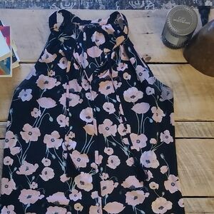 Floral Halter Tie-Neck Tank Top - Black with Pink Flowers